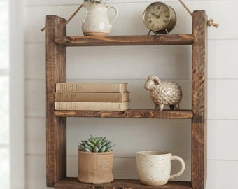 Rustic Wooden Ladder Shelf, Modern Farmhouse, Floating Wood Rope Shelf, Bathroom Storage, Decorative Shelf, Wall Organizer, Wood Wall Decor