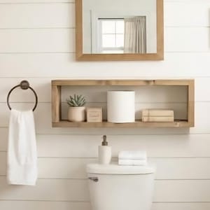 Rustic Wooden Floating Shelf, Modern Farmhouse Style, Rectangular, Bathroom Storage, Wall Organizer, Toilet Paper Shelf, Craft Room Storage