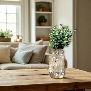 Clear Mason Jar With Lights & Eucalyptus Greenery, Romantic Theme, Light Up Jars, Rustic Farmhouse Wedding Decorations Lit Table Centerpiece