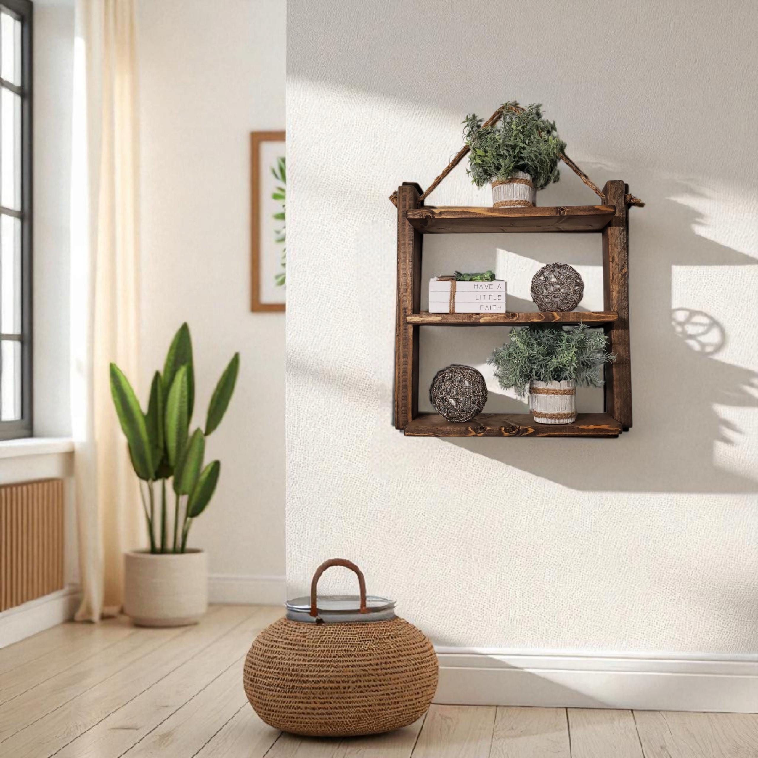 Rustic Wooden Ladder Shelf, Modern Farmhouse, Floating Wood Rope