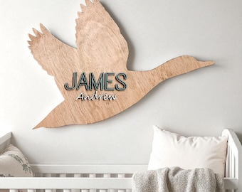 Flying Mallard Duck Name Sign, Custom Kids Name Sign, Mallard Duck Art, Boys Nursery/ Kids Room Wall Decor, Laser Cut Personalized Wood Sign