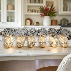 Set of 6 Clear Mason Jars With String Lights & Hydrangea Flowers, Romantic Light Up Jars, Rustic Farmhouse, Wedding Table Centerpiece Set