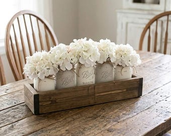 5 Jar Hydrangea Centerpiece, Rustic Farmhouse, Mason Jar Table Decor, Wooden Planter Box, Distressed Ball Jars, Rustic Wedding Centerpiece