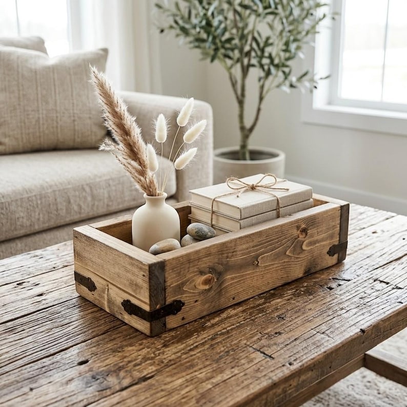 Custom Handmade Rustic Wood Country Style Coffee/Ottoman Tray, Farmhouse Dining Table Decor, Solid Wood Organizer, Serving Tray/Catchall Box image 3