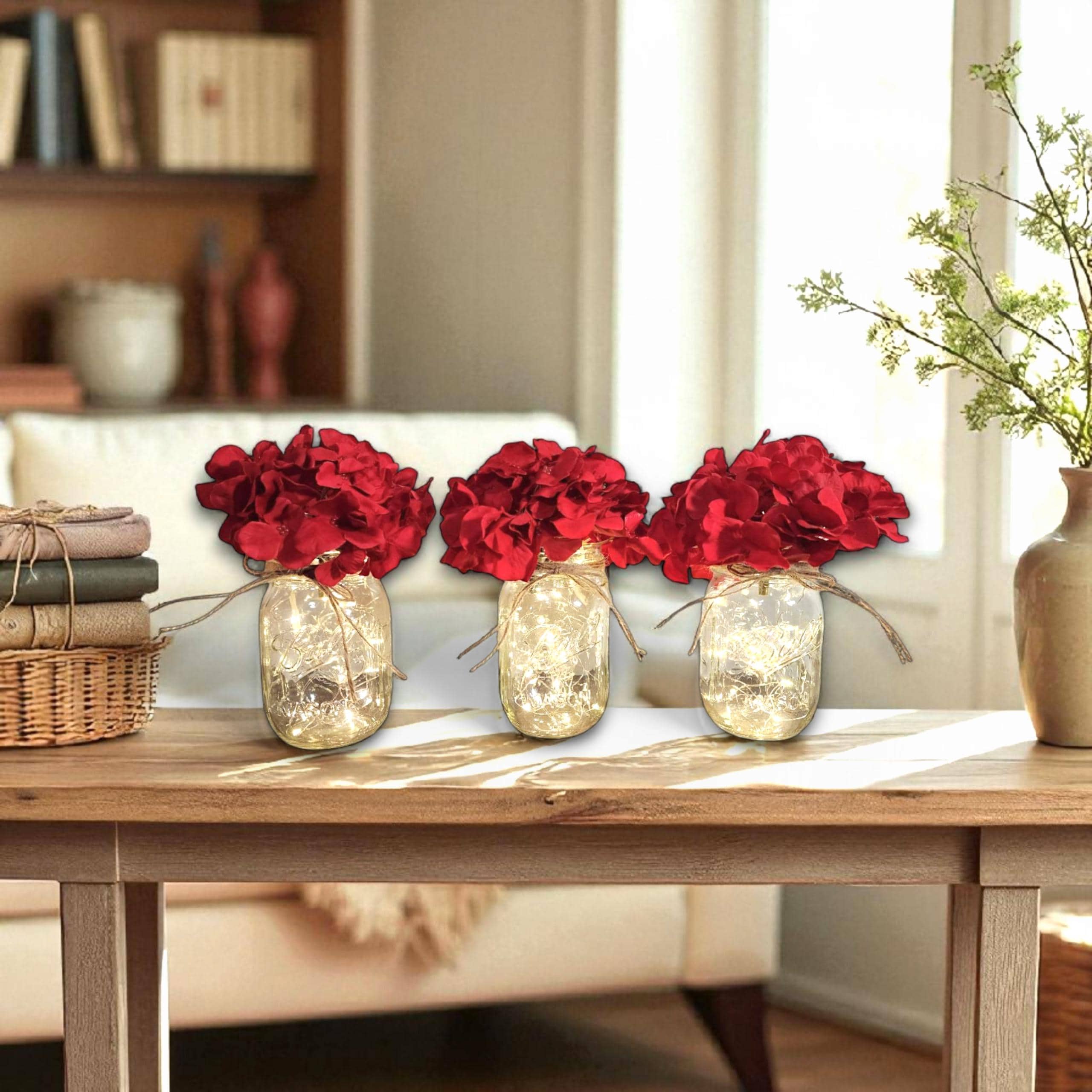 Clear Mason Jars With Lights & Hydrangea Flowers, Farmhouse