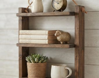Floating Wooden Rope Shelf, Rustic Wood Ladder Shelf, Modern Farmhouse, Bathroom Storage, Decorative Shelf, Wall Organizer, Cozy Home Decor