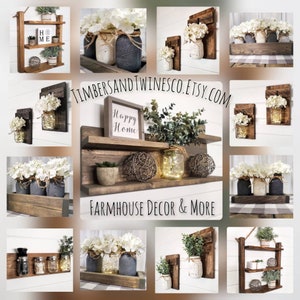 May include: A collection of farmhouse style wall decor featuring shelves, mason jars, and greenery. The shelves are made of rustic wood and have a distressed finish. The mason jars are decorated with white flowers and twine. The greenery is a mix of eucalyptus and succulents. The sign reads "Happy Home".