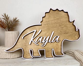Personalized 3D Wooden Dinosaur Name Sign, Triceratops, Dinosaur Nursery Wall Art/Decor, Laser Cut Custom Signs, Modern Kids Room/Wall Decor