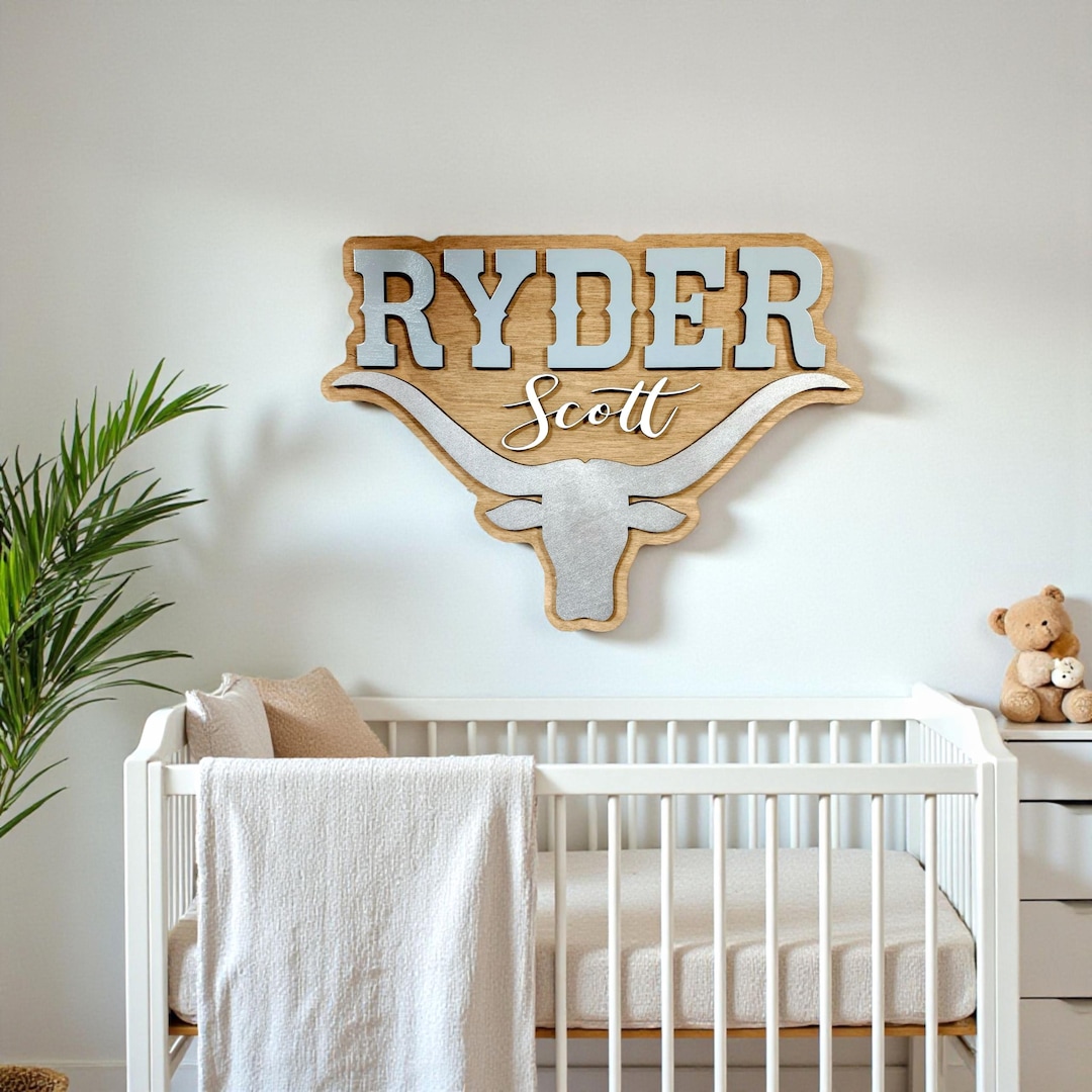 3D Wood Longhorn Bull Name Sign, Laser Cut, Custom Kids Name Sign