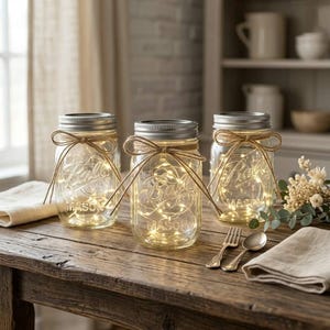 3 Clear Mason Jars & Battery Powered String Lights, Farmhouse Lit Table Centerpiece Set, Light Up Jars, Rustic Farmhouse Wedding/Home Decor