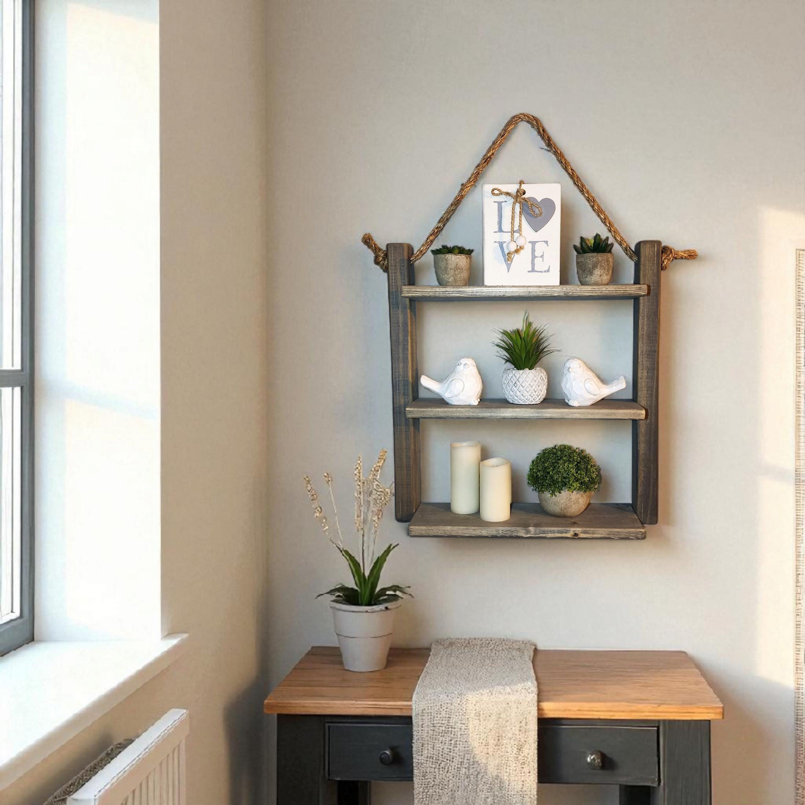 Rustic Wooden Rope Shelf, Modern Farmhouse Style, Floating Ladder