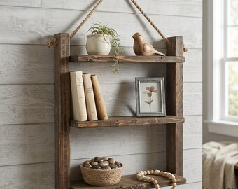 Modern Farmhouse Style, Floating Wood Ladder Shelf, Rustic Wooden Rope Shelf, Decorative Shelf, Bathroom Storage, Wall Organizer, Home Decor