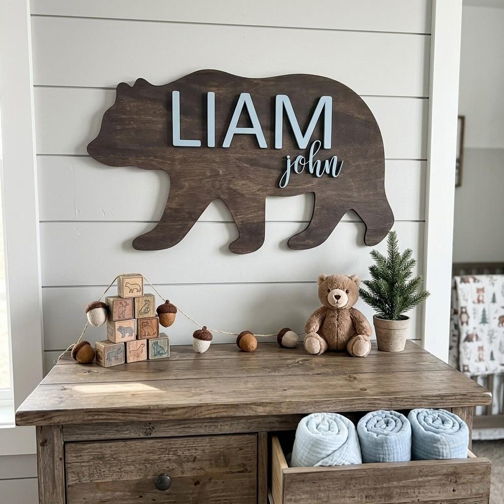 Custom Kids Wooden Bear 3D Cutout Name Sign, Rustic Farmhouse
