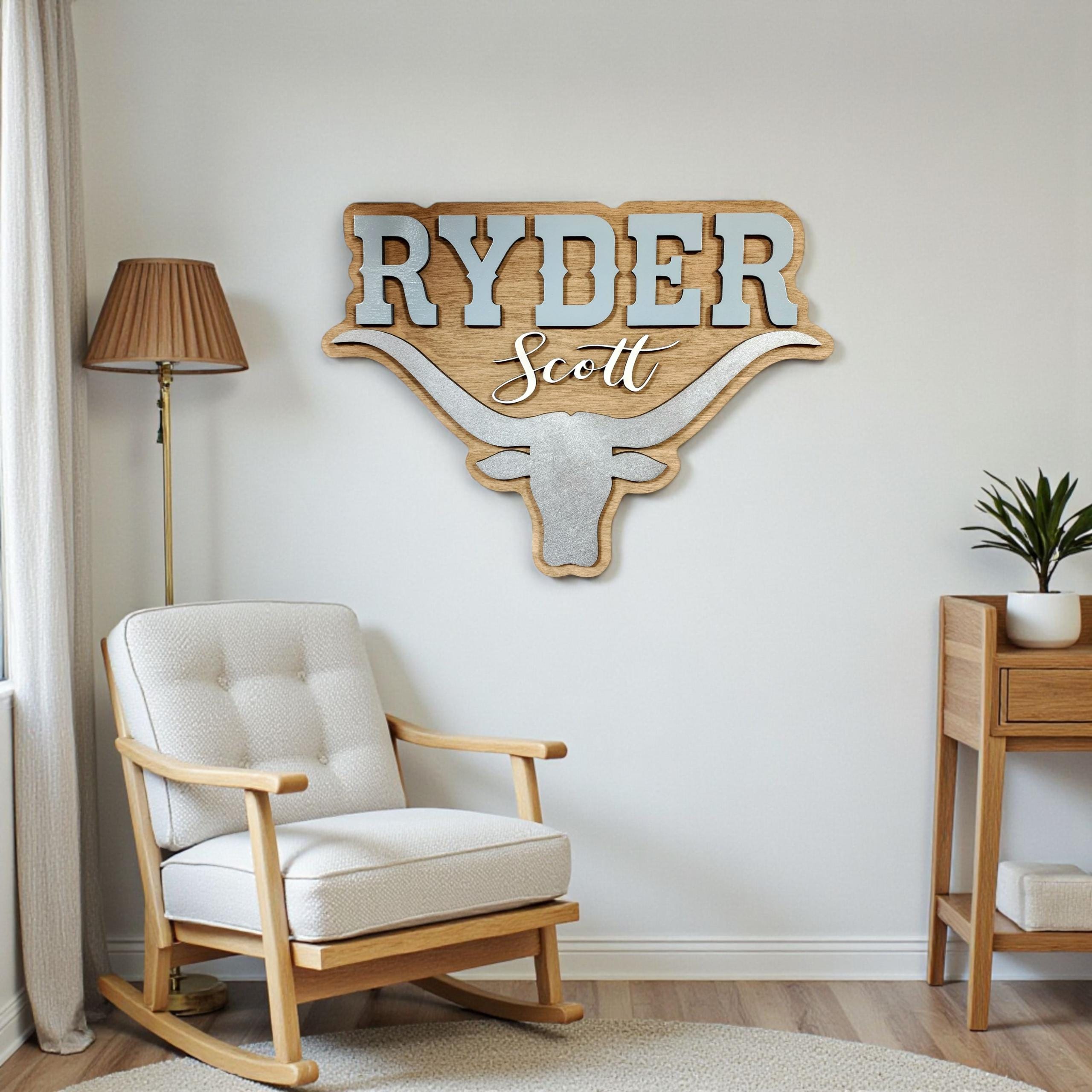 3D Wood Longhorn Bull Name Sign, Laser Cut, Custom Kids Name Sign
