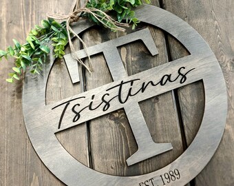 Personalized Monogram Family Name Sign, Wood Initial Last Name Sign, Custom Sign Round, Initial Door Hanger, Farmhouse Decor, New Home Gift