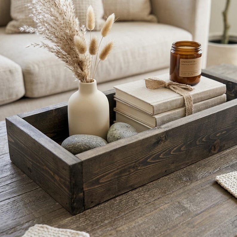 Custom Handmade Rustic Wood Country Style Coffee/Ottoman Tray, Farmhouse Dining Table Decor, Solid Wood Organizer, Serving Tray/Catchall Box image 6