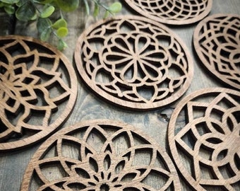 Wooden Mandala Coasters, 8 Piece Mixed Coaster Set, Wood Beverage Holder, Drink Coaster Set, Tabletop Decor, Laser Cut Abstract Coaster Set