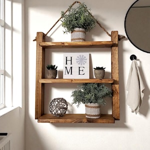 Floating Wooden Rope Shelf, Rustic Wood Ladder Shelf, Modern Farmhouse, Bathroom Storage, Decorative Shelf, Wall Organizer, Cozy Home Decor