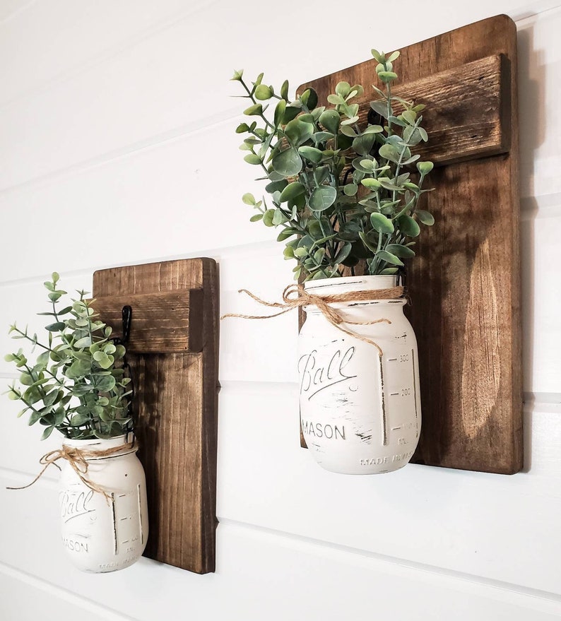 Wall Hung Mason Jar Set With Eucalyptus Hanging Mason Jar Etsy