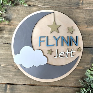 Personalized Kids Moon & Star Name Sign, Laser Cut, Wood Round Plaque With Name, Celestial Nursery Decor, Moon And Star Decor, Boho Nursery