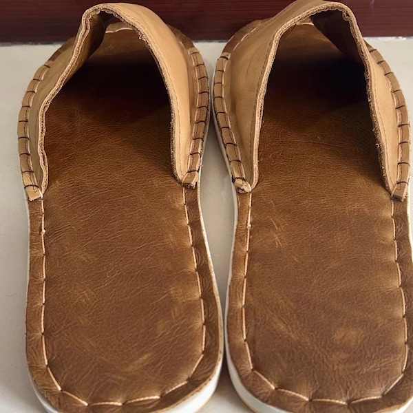 Vintage pure handmade leather slippers lovers indoor fashion casual slippers leather sole four seasons