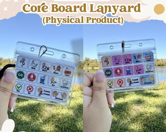 May include: A mini AAC core board lanyard featuring a clear plastic badge holder containing a grid of communication icons. The card displays symbols for actions like go, stop, drink, eat, and restroom with text labels. The title reads Mini AAC Core Board Lanyard.
