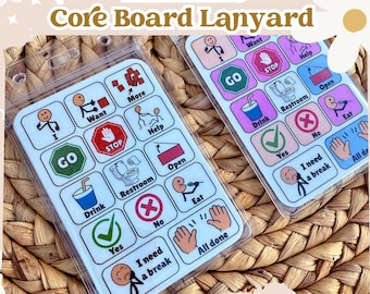 Op de afbeelding: Twee Mini AAC Core Board Lanyards met communicatiesymbolen. Elk bord heeft pictogrammen voor 'Willen', 'Gaan', 'Drinken', 'Ja' en meer. De tekst 'Mini AAC Core Board Lanyard' staat bovenaan en 'The Little ADAPTIVE Classroom' onderaan.