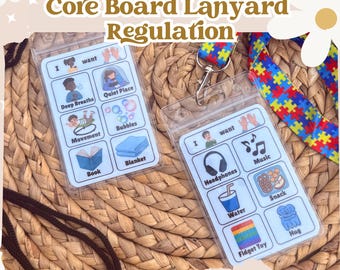 May include: Two clear plastic badge holders attached to a colorful lanyard with a puzzle piece pattern. Each holder contains a white card with six illustrated icons and text labels including I want, Deep Breaths, Quiet Place, Book, Blanket, Headphones, Music, Water, Snack, Fidget Toy, and Hug.