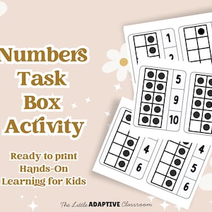 May include: Educational printables for kids featuring number task box activities. The image shows several white cards with black dots and number grids. The text on the cards includes numbers and the words "Numbers Task Box Activity". The background is a light pink color.