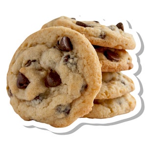 May include: A stack of five round, golden-brown chocolate chip cookies. Each cookie features a textured, baked surface with numerous dark brown chocolate chips embedded throughout the dough. The cookies are arranged in a slightly offset vertical pile.