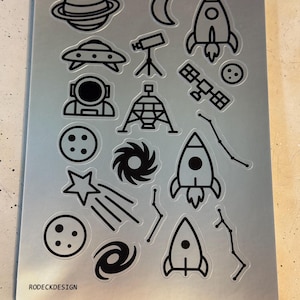 Space Sticker Sheet 5”x7” – Water/scratch/UV Resistant Stickers | Rockets, Planets, Astronaut, UFO | Laptops, Journals, Water Bottles, Cars