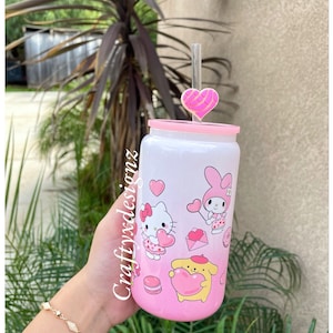 Taza de cristal Kitty y sus amigos / Lata de cristal Kawaii / Taza de cristal San Valentín / Taza Kitty y sus amigos / Taza Kawaii / Lata de cristal Libbey