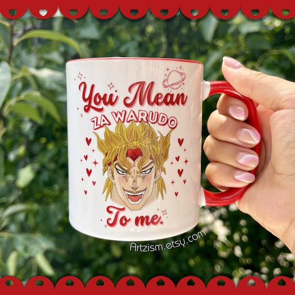 Valentines day Anime mug, Jojo anime, Zawarudo, anniversary gift. red, pink, black 11oz mug