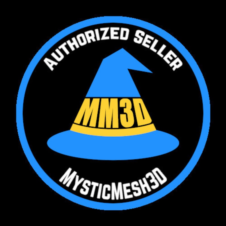May include: A black and white circle with the text "AUTHORIZED SELLER" around the edge. In the center is a blue wizard hat with a yellow band and the text "MM3D" on the band. Below the hat is the text "MYSTICMESH3D".