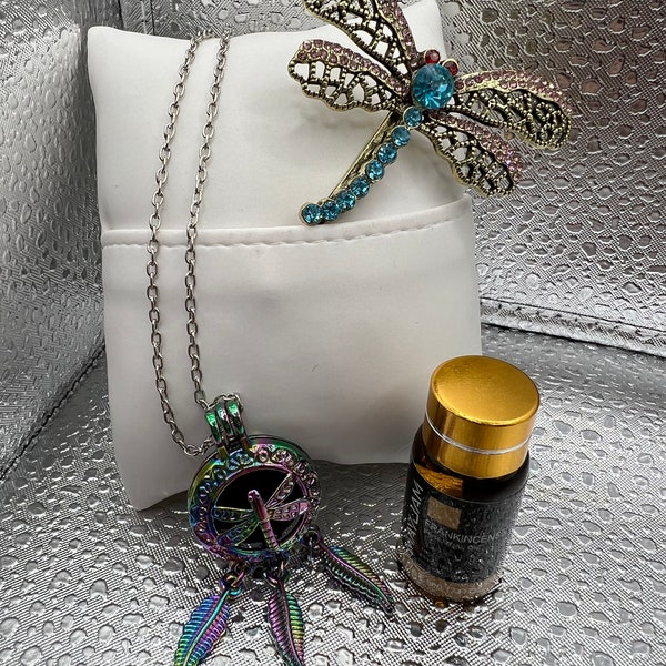 Dragonfly Dream Catcher Necklace Essential Oil Perfume & Dragonfly Rhinestone Barrette Jewelry