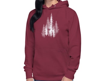 Pine Forest Trees White Print Hoodie Long Sleeve Crewneck Hoodie Gift for Her Trendy Retro Hoodies Gift for Him Oversized Hoodies
