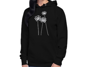 Sudadera con capucha de jardinería botánica: cuello redondo unisex, prenda con estampado floral inspirado en la naturaleza.