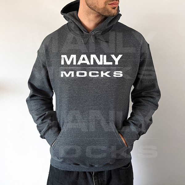 Gildan 18500 Mockup, Dark Heather Hoodie Mockup, 18500 Hoodie Mockup, Male Model Hoodie Mockup, Dark Heather Hooded Sweatshirt, Manly Mocks