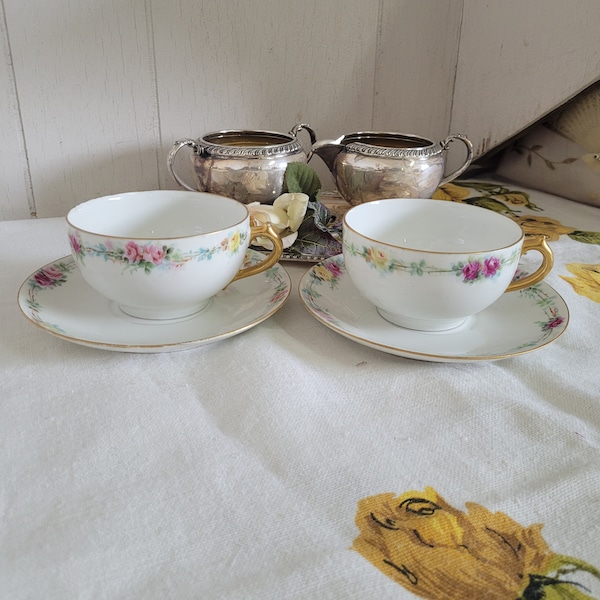 Vintage Tea Cup and Saucer set of 2 Limoges France Cottagecore Floral Gold