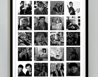 May include: Black and white framed print featuring a grid of 20 movie stills. The images are from the film "Home Alone", showcasing various scenes and character expressions. The print is displayed on a light gray wall.