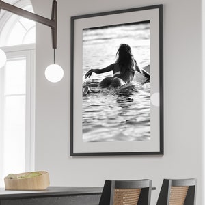 Woman on Surfboard Print, Vintage Surf Poster, Surfing Wall Art, Black and White, Vintage Photography, Girls Room Decor, Digital Download