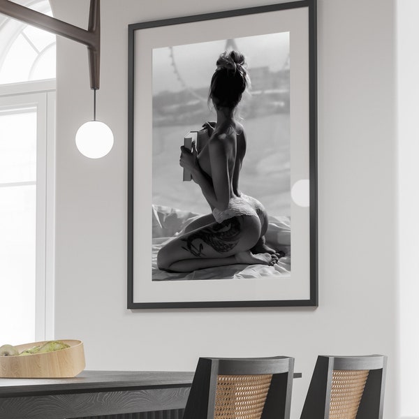 Naked Woman Reading Book Print, Black and White, Beach Photography Vintage Wall Art, Feminist Poster, Girls Bathroom Decor, Digital Download
