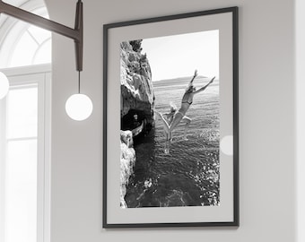 Black and White Ocean Jump Photography Print: Coastal Wall Art (Digital Download)