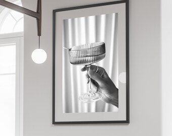 Woman Drinking Martini Print: Black and White Bar Cart Decor (Digital Download)