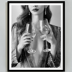 ワインを飲む女性のポスター、白黒、バーカートのプリント、カクテルの壁アート、マティーニのアルコールポスター、部屋の装飾、フェミニストポスター、デジタル