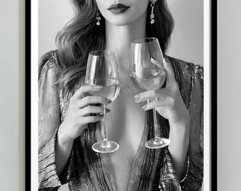 Frau trinkt Wein Kunstdruck: Schwarz weiß Martini Poster (Digitaler Download)