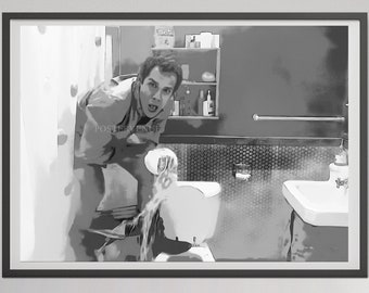 May include: Black and white framed print of a bathroom scene. A person in a light-colored shirt is shown in the bathroom, with water splashing from the toilet. The bathroom includes a sink, toilet, and shower.