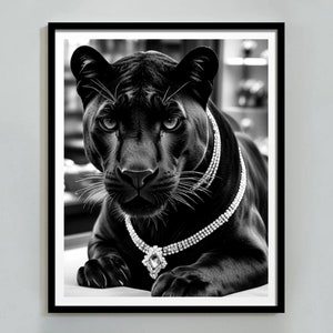 Panther In The Jewelry Shop Poster, Black and White Vintage Photography Fashion Print,  Luxury Fashion Art, Cheetah Print, Digital Download