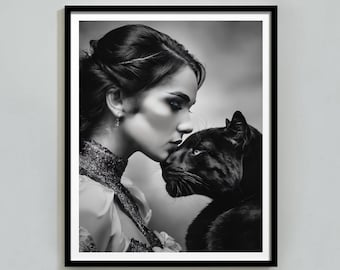 Woman Kissing Panther Print: Black and White Photography (Digital Download)