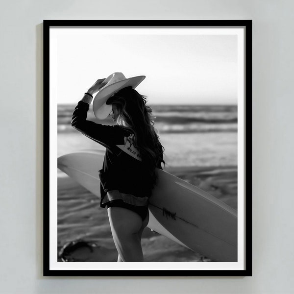 Vintage Surf Poster, Coastal Cowgirl Print, Black and White, Vintage Western Wall Art, Bathroom Poster, Beachy Room Decor, Digital Download